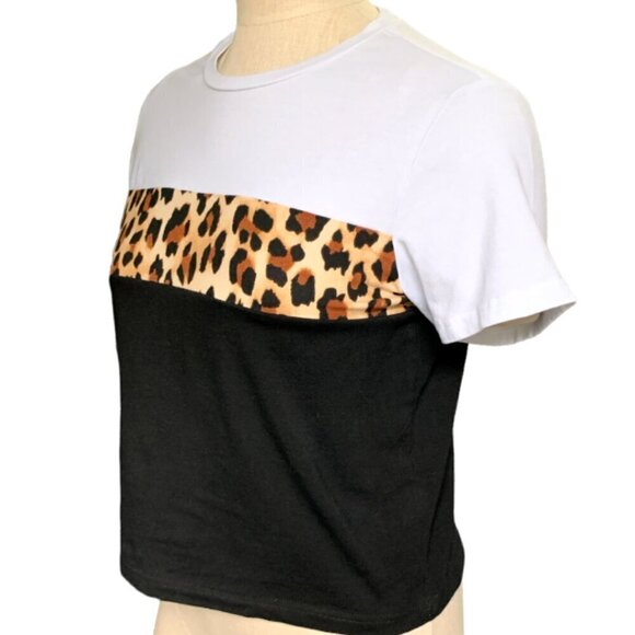 Hotouch Cropped Boxy Tee Colorblock Leopard, Black, White M #39M - Picture 3 of 8